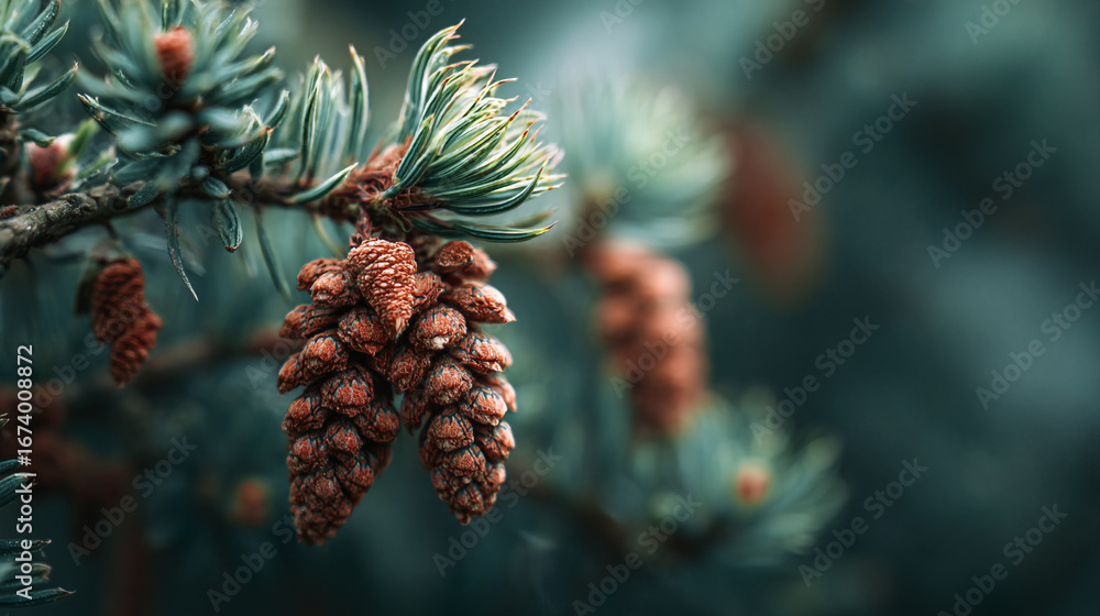 Poster a close up shot of pine needles and pine cones on a branch in a forest with a blurred background