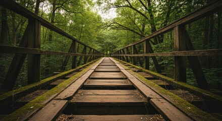 Fototapeta premium Wooden bridge stretching into a forest, leading into a depth of green