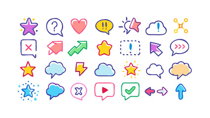 Colorful social media icons and symbols chat bubbles stars