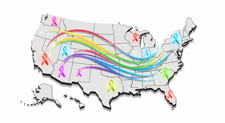 Breast cancer awareness and support for all illnesses shown with colorful ribbons uniting across a map of the United States