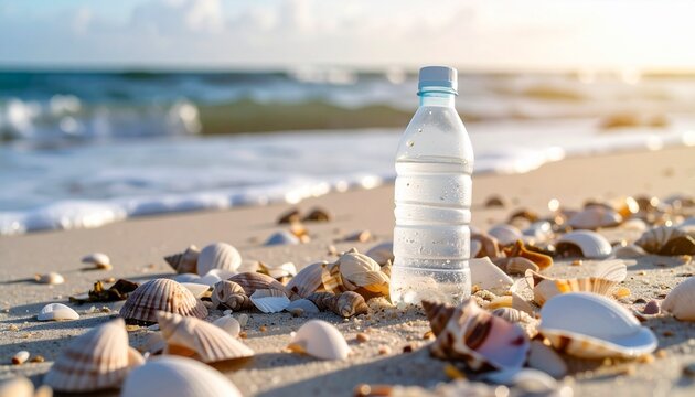 Plastic Bottle Amidst Seashells A Seaside Environmental Cautionary Tale