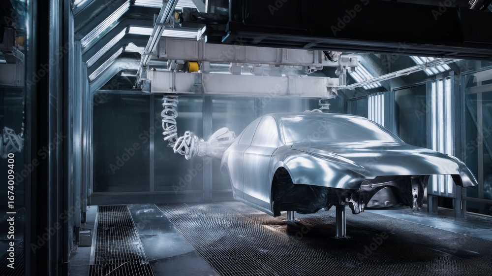 Poster a sleek car model being treated in a high-tech workshop. advanced tools and technology are at work. 