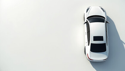 Top view of sleek white modern car. Minimalist design on clean white background. Elegant automobile showcases contemporary automotive technology, innovation, urban mobility, and luxurious style.