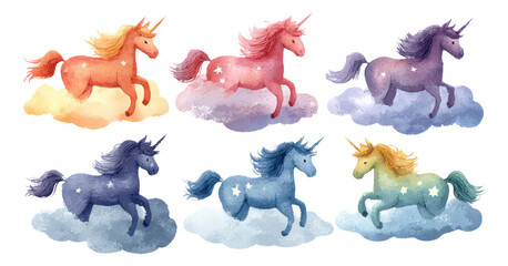 Obraz premium Colorful Unicorns Running on Clouds Isolated Background