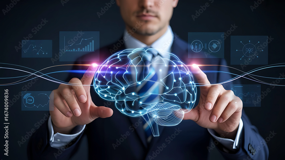 Poster businessman interacts with futuristic digital brain network understanding artificial intelligence an
