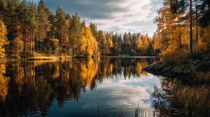 Obraz premium A scenic view of a calm lake reflecting the autumn foliage and sky in a forested landscape