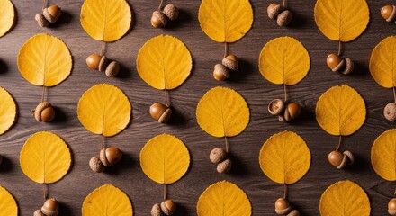 Yellow leaves and acorns arranged in a repeating pattern on dark wood