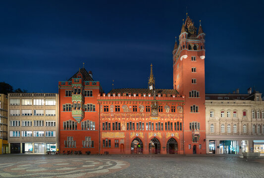 Basel, Switzerland. View of 500-year-old red building of Basel Town Hall