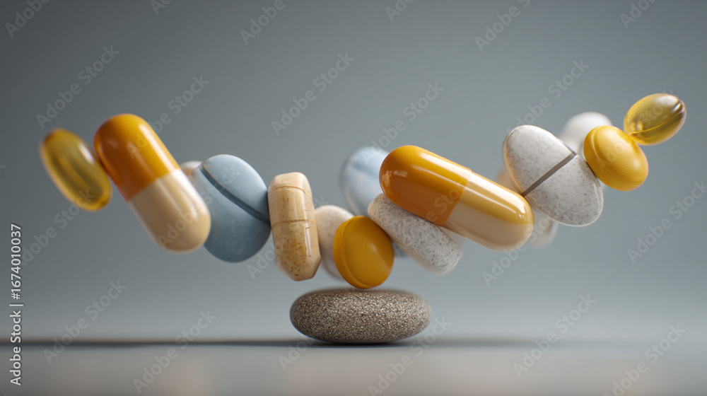 Poster a balanced arrangement of various pills and capsules resting on a textured gray stone surface