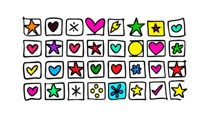 Colorful doodle icons hearts stars and checks doodles