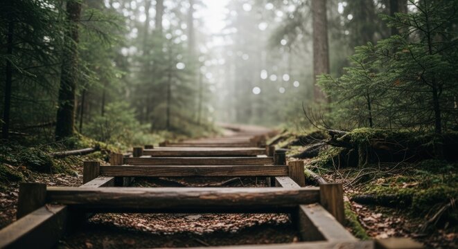 Wooden steps lead up into a misty forest. Serene, natural, and atmospheric