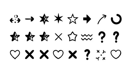 Playful hand drawn icons hearts stars question marks and arrows icon set