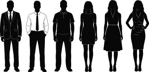 Vector silhouettes of men and women in formal, semi‑formal, and casual outfits, fashion attire set for design and presentation