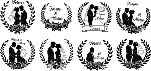Wedding couple silhouettes with laurel wreath, romantic poses, roses and banners vector illustration for love, marriage, anniversary and celebration themes