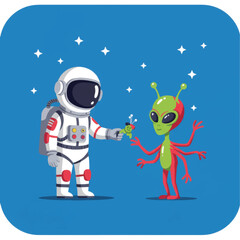 Cartoon astronaut offering a green toy raygun to a friendly red and green alien