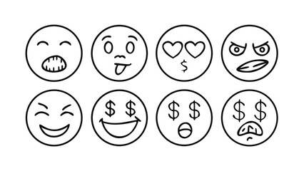 Expressive Emoji Faces with Dollar Signs and Hearts doodle icons