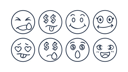Expressive doodle emoji icons with various emotions outline