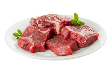 Fototapeta premium Raw beef steaks on a white plate garnished with herbs