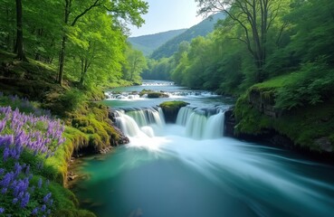 Serene natural landscape featuring cascading waterfall flowing through rich green forest. Turquoise water rushes over moss-covered rocks, bordered by vibrant purple wildflowers, dense trees on sunny