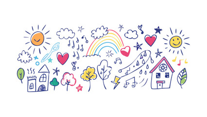 Cheerful doodle art with sun rainbow and houses colorful clouds