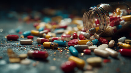 A spilled pill bottle with various colorful capsules and tablets scattered on a dark surface