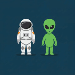 Cartoon Astronaut in White Suit and Smiling Green Alien SidebySide