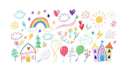 Whimsical hand drawn elements with rainbow and castles doodles clouds