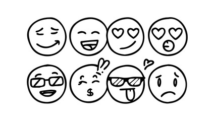 Hand drawn smiley faces with different expressions happy surprised
