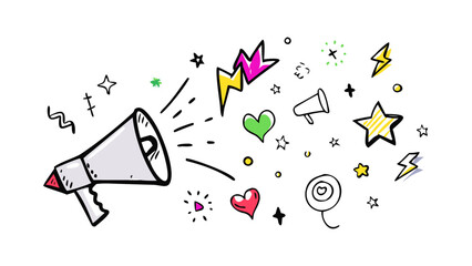 Obraz premium Doodle style megaphone with colorful bursts and hearts illustration hand drawn