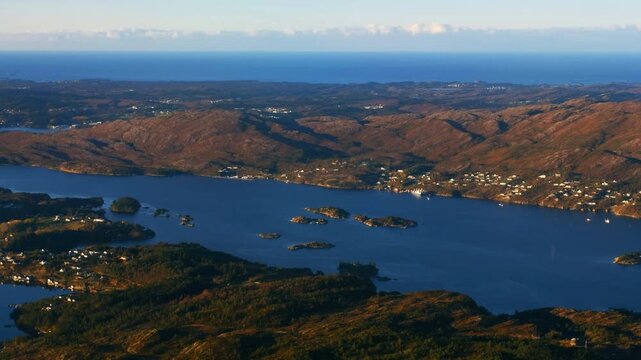 Bergen, Norway. Aerial view of Norwegian fjords in Rogaland, Bergen, Norway. Mountains in the evening