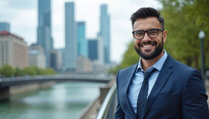 Fototapeta premium Professional man in dark suit, tie smiles at camera. Urban cityscape with tall buildings, river forms blurred background. Confident businessman in stylish attire enjoys city life. Evening lights add