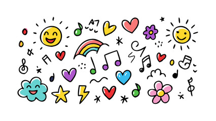 Happy doodles with hearts and flowers icons smiling