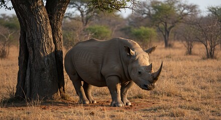 Rhino Resting Under Tree in African Savanna.