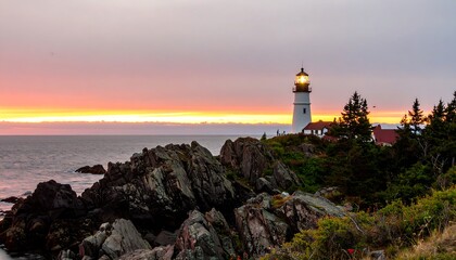 Fototapeta premium Lighthouse at sunrise over rocky coast (1)