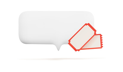 3D white speech bubble with red tickets isolated on clean background for discount, voucher, sale promotion or advertising banner template