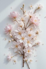 Fototapeta premium Delicate pink cherry blossoms arranged beautifully on a light surface, showcasing nature's elegance and beauty.