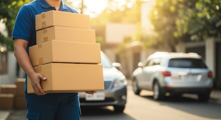 Delivery person carrying stacked cardboard boxes