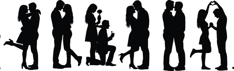 Silhouette vector of romantic couples in affectionate poses, kissing, proposing, embracing, and forming heart shapes for love, wedding, and relationship concepts