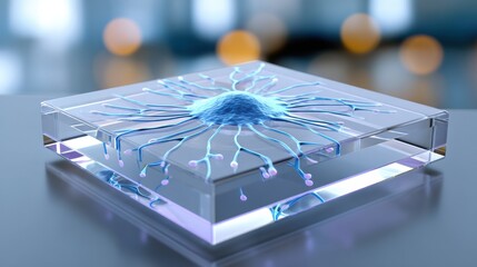 flexible biochip with nanowires on a transparent surface, glowing circuits, biotechnology concept