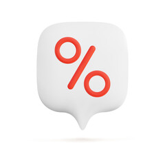 Square 3D speech bubble with red percent symbol isolated on white background for discount, promotion, sale banner or marketing design template