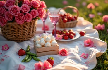 Feminine pink summer picnic scene with basket of roses, strawberries, cherries, marshmallows, wine glasses. Set on tablecloth in park, romantic outdoor meal captures appreciation for moment with