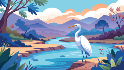 A drawing of a bird standing on the shore of a tranquil lake, surrounded by gentle ripples and soft vegetation.eps