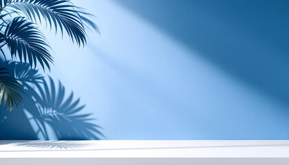 Palm leaf shadows on blue wall with white surface sunlit minimal product background