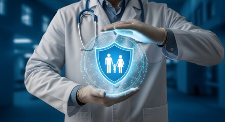 Doctor's hands protectively cradle glowing digital shield symbolizing family health and medical insurance coverage