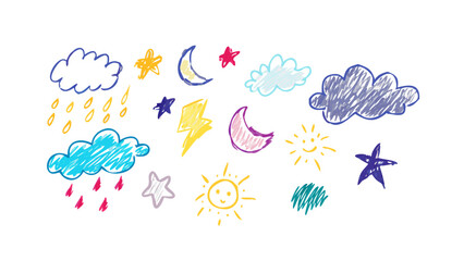 Hand drawn weather elements crayon style drawing children