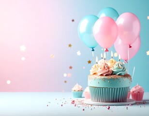 Pastel birthday cake and cupcakes with balloons
