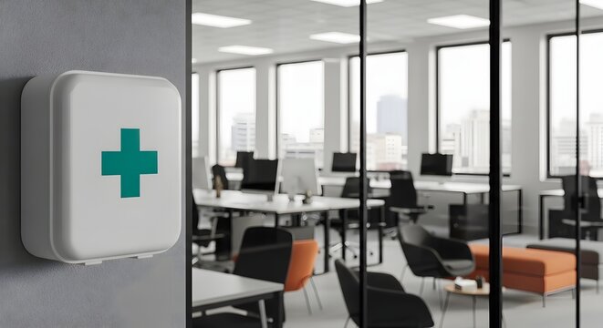 Essential first aid kit mounted on wall in modern, well-lit office space promoting workplace safety and wellbeing