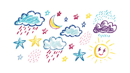 Hand drawn weather elements crayon style moon stars