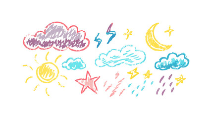 Hand drawn crayon weather elements sun moon clouds lightning rain stars vector