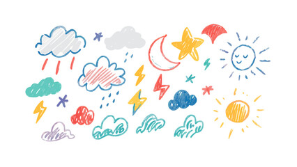 Hand drawn crayon weather icons with sun moon and clouds vector